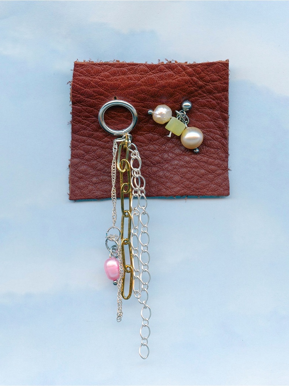 Mixed Metal and pearls Drop Charm Earrings with Pink Pearl Accent